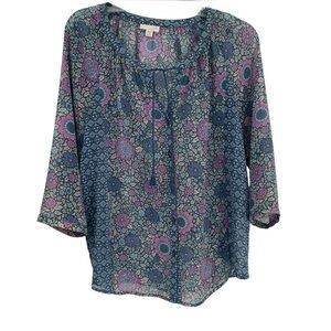 J. Jill Blue Floral Print Tassel Tie Peasant Top Size Small Petite button front
